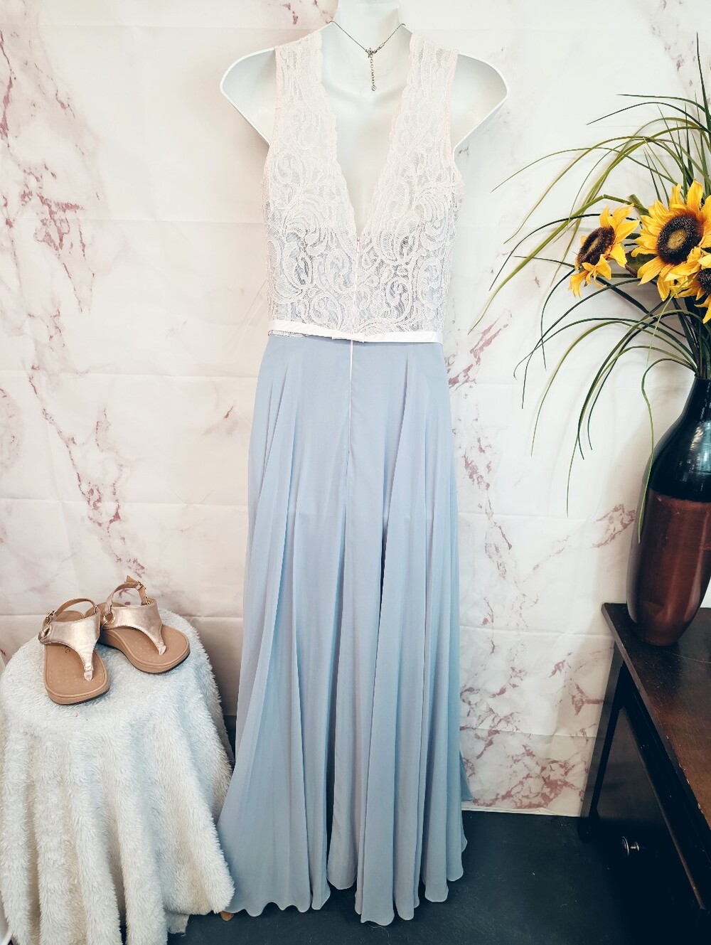 After Six Light Blue Lace Bodice Maxi Dress Formal Prom Bridesmaid Gown Size 6 - Picture 7 of 9